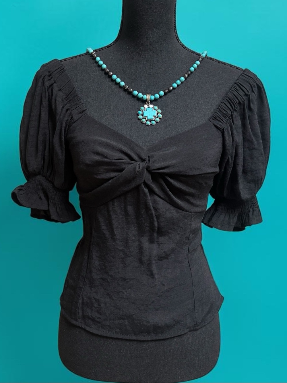 Nine West Black Twist-Front On/Off Shoulder Puff Sleeve Top Size Small NWT